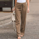 Woman Pants Elastic Waist Solid Color Trousers Thin Straight Wide Leg Belt Long Pants