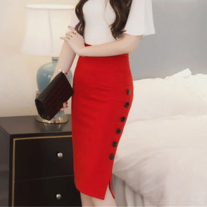  High Waist Ladies Skirt Side Split Button 