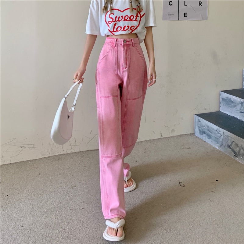 Women&  Jeans High Waist New 2022 Summer Pink  Wide Leg Trouser Casual Pants