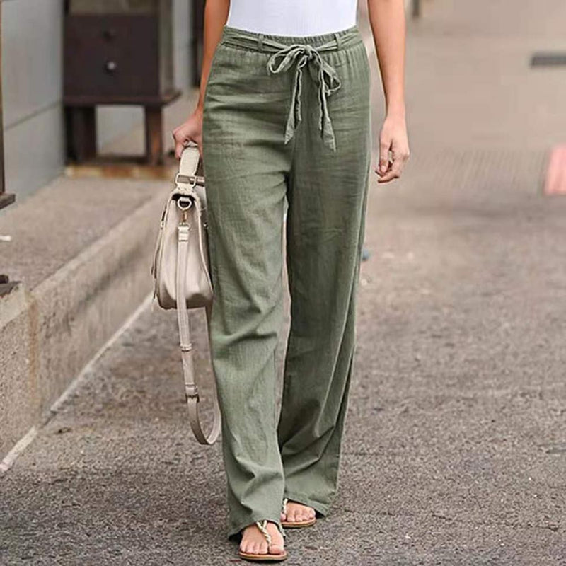 Woman Pants Elastic Waist Solid Color Trousers Thin Straight Wide Leg Belt Long Pants