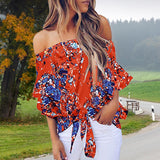 Summer Floral Print Chiffon Blouse Women Off Shoulder Front Shirt  