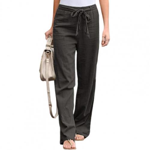 Woman Pants Elastic Waist Solid Color Trousers Thin Straight Wide Leg Belt Long Pants