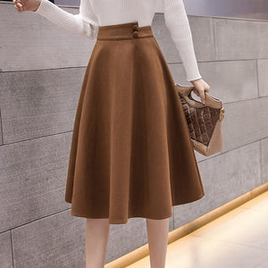 Skirt High Waist Two Button Solid Woolen Skirts