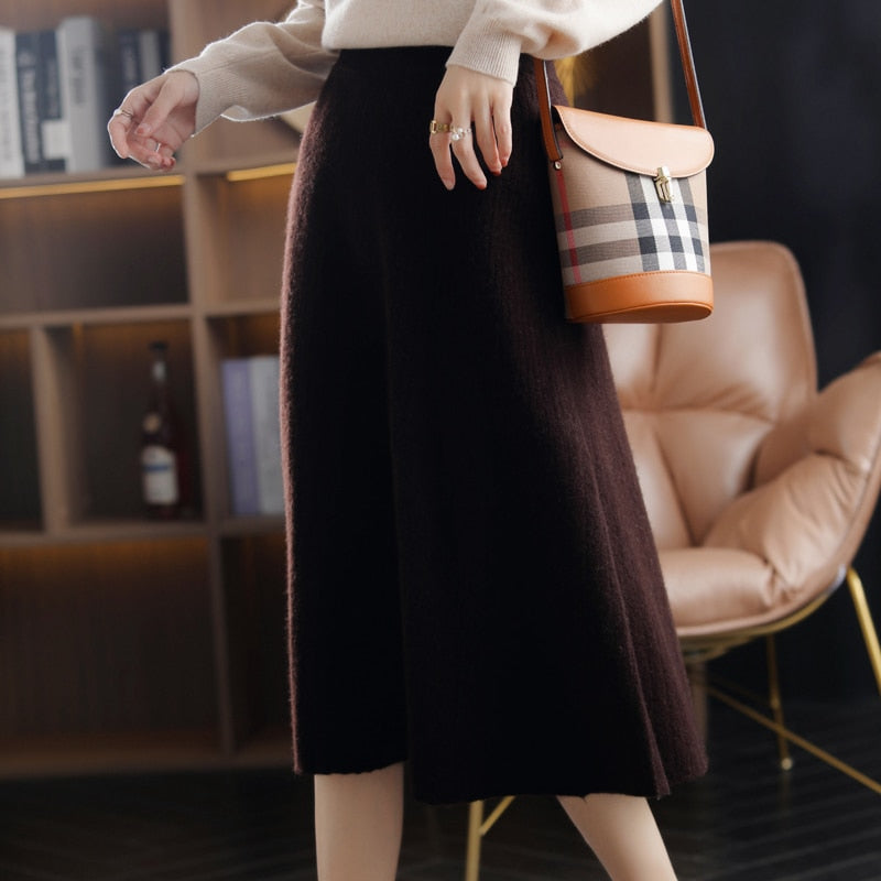 Wool Pleated Long Skirt Women