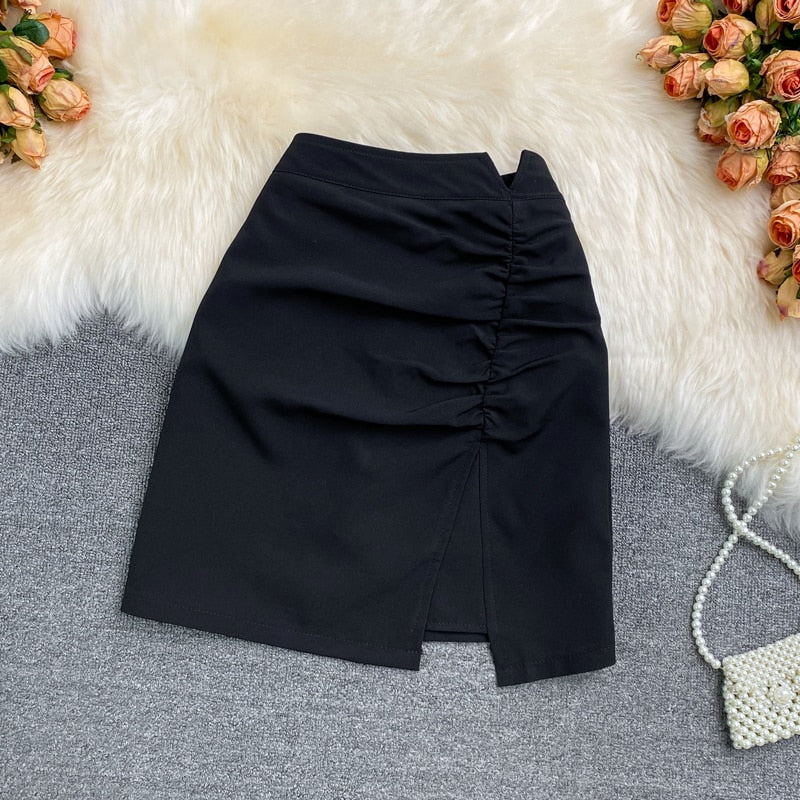 A-line Skirts Womens Gathered Ruched Split Sexy Mini Skirt Korean Style Wrap High Waist Summer Solid Color Short Skirt Female