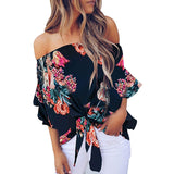 Summer Floral Print Chiffon Blouse Women Off Shoulder Front Shirt  