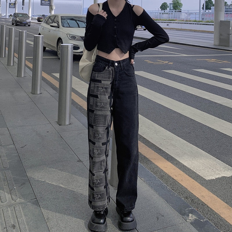 Printing Korean Fashion Denim Trouser Wide Leg Pants