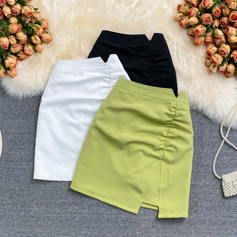 A-line Skirts Womens Gathered Ruched Split Sexy Mini Skirt Korean Style Wrap High Waist Summer Solid Color Short Skirt Female