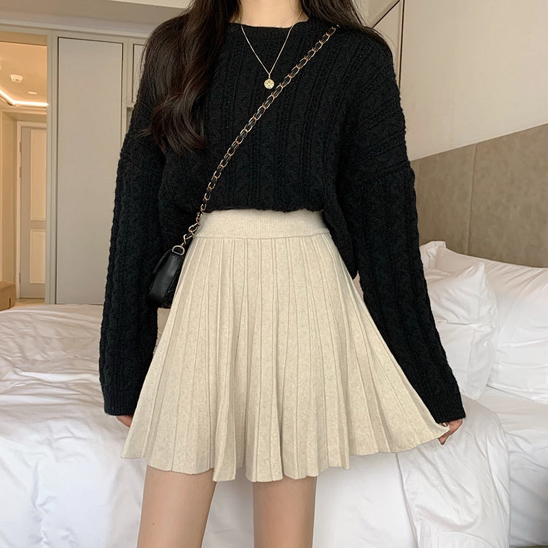 Pleated Skirts Women Solid Autumn High Waist Skirt