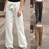 Woman Pants Elastic Waist Solid Color Trousers Thin Straight Wide Leg Belt Long Pants