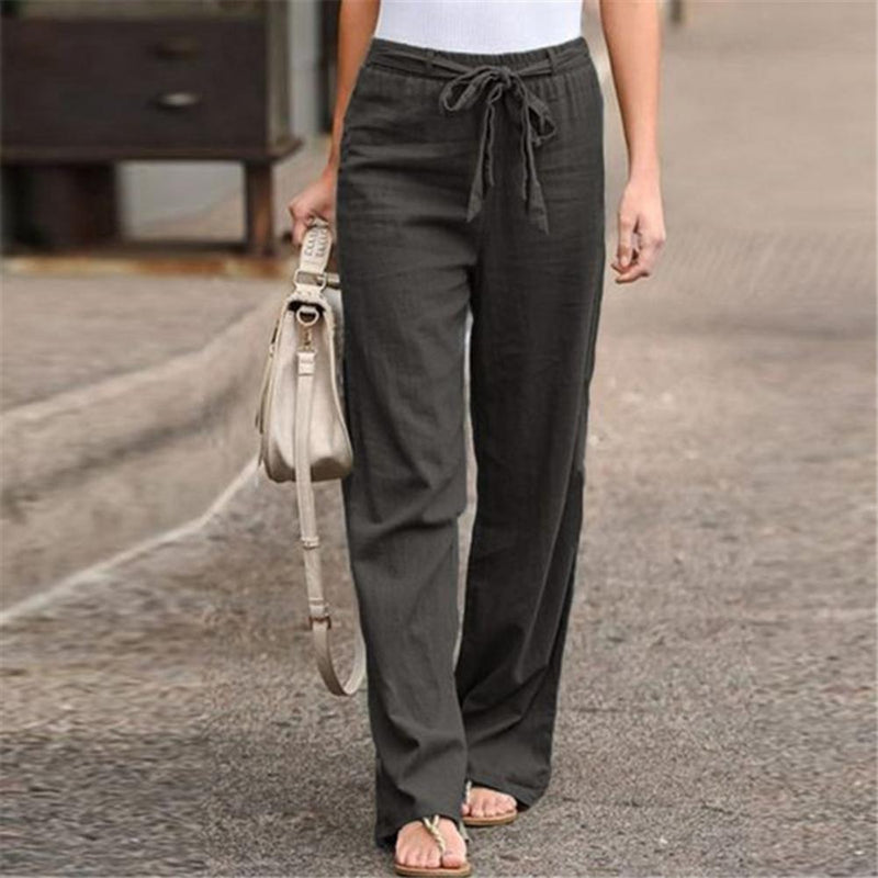 Woman Pants Elastic Waist Solid Color Trousers Thin Straight Wide Leg Belt Long Pants