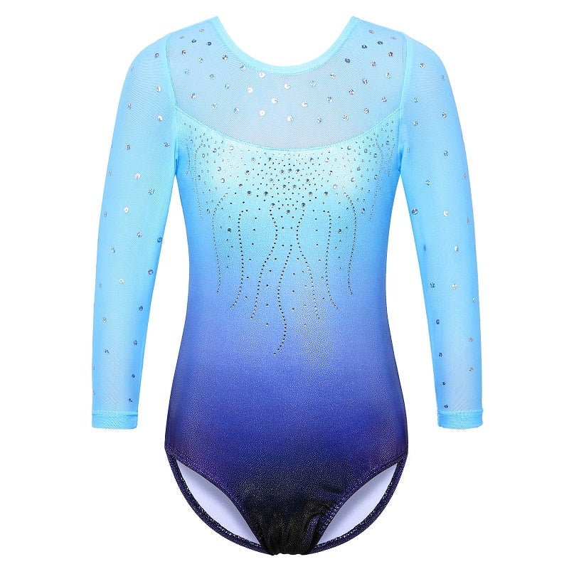 Long Sleeve Mesh Patchwork Leotards for Girls Toddler Kids Diamond Gymnastics Jumpsuit