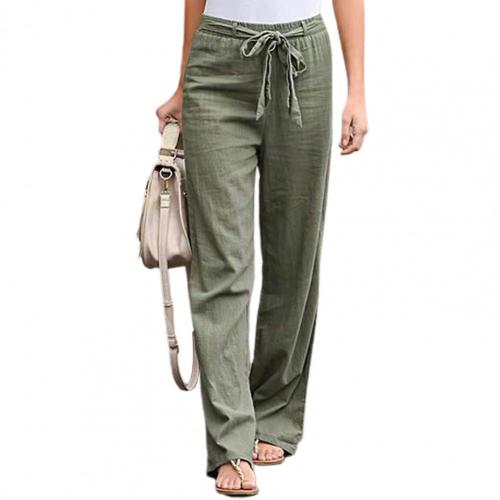 Woman Pants Elastic Waist Solid Color Trousers Thin Straight Wide Leg Belt Long Pants