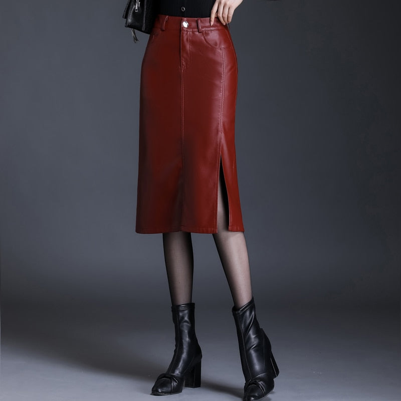 Women Leather Skirt  Autumn Winter  Lady High Waist  Wrap Hip Skirt 