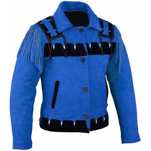 Men Suede Western Cowboy Leather Jacket With Fringed & Bead Work - blue