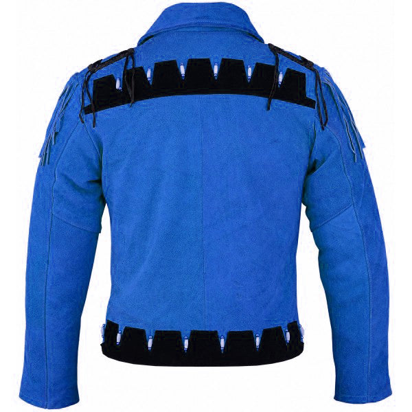 Men Suede Western Cowboy Leather Jacket With Fringed & Bead Work - blue