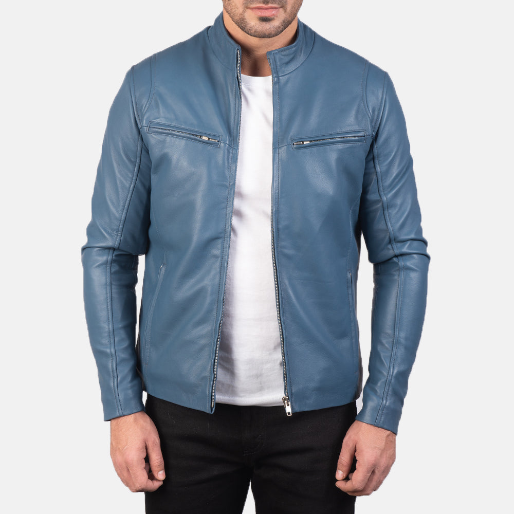 Real Blue Leather Fashion Jacket