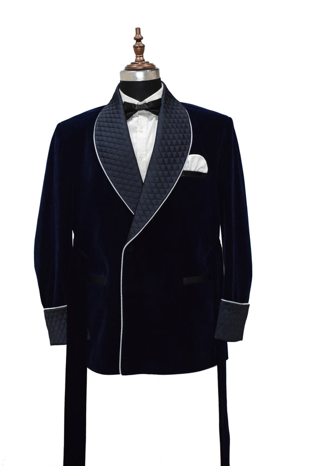 Mens Navy Blue Smoking Jackets Designer Luxury Party Wear Quilted Coats