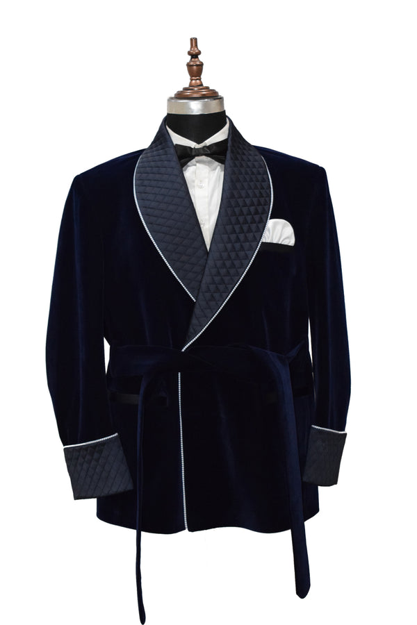 Mens Navy Blue Smoking Jackets Designer Luxury Party Wear Quilted Coats