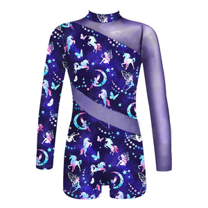 Children Gymnastics Leotard for Girls Teens Dance Ballet Unitard Long Sleeves Mesh