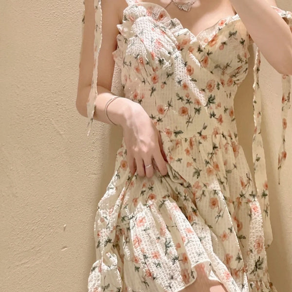  Dress French floral women spring and summer new belt gentle style