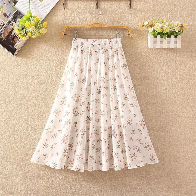 Floral skirt women high waist floral printed chiffon long skirt 