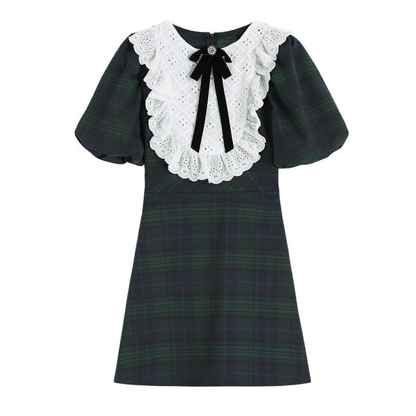 Women Plaid Dress Vintage Round Neck Bow-Knot