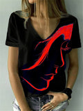  Women Fashion  Print V Neck T Shirt Female 