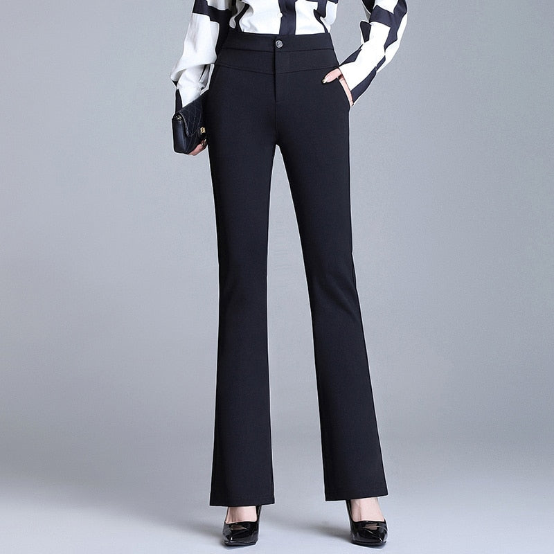 Women Elastic High Waist Flare Pants Straight Trousers
