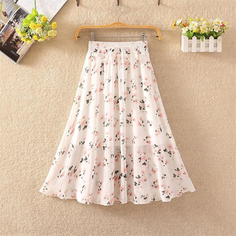 Floral skirt women high waist floral printed chiffon long skirt 