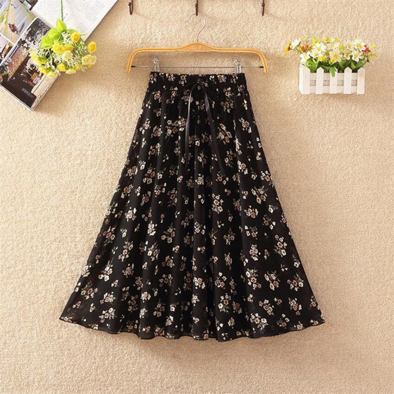 Floral skirt women high waist floral printed chiffon long skirt 