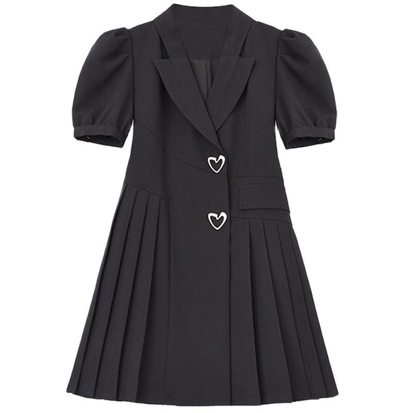 Women Black Dress Vintage Love Puff Short Sleeve Suit Collar 