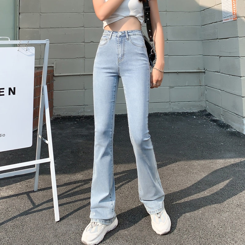 Flared Jeans Woman High Waist Denim Trousers For Female Blue White Black