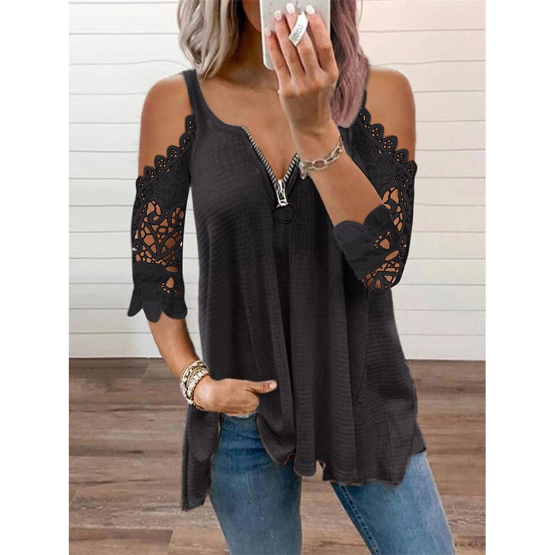 Summer Out Shirt Women  Half Sleeve Zipper Casual T Shirt