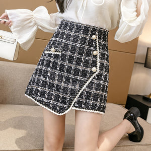 Double Breasted Tweed Wool Mini Skirt