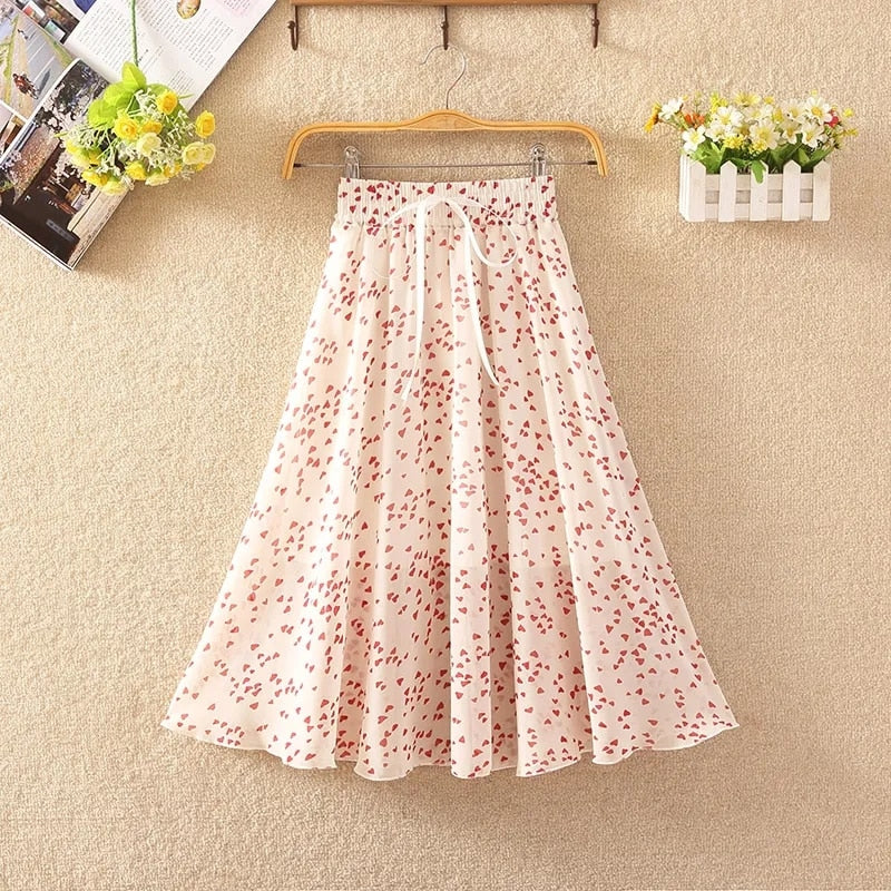 Floral skirt women high waist floral printed chiffon long skirt 