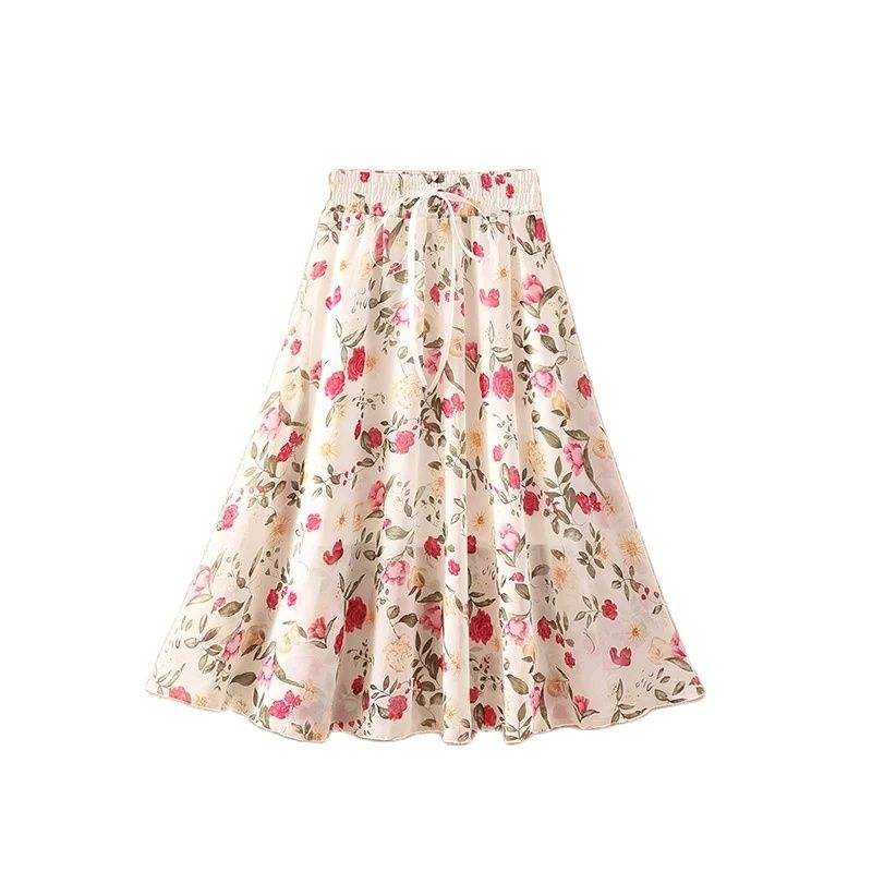 Floral skirt women high waist floral printed chiffon long skirt 