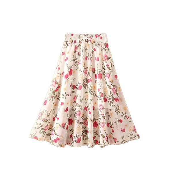Floral skirt women high waist floral printed chiffon long skirt 