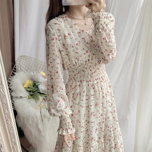  V-neck Printed Long Sleeve Loose Chiffon Dress