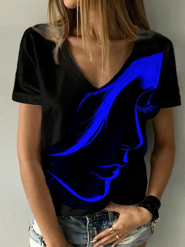  Women Fashion  Print V Neck T Shirt Female 