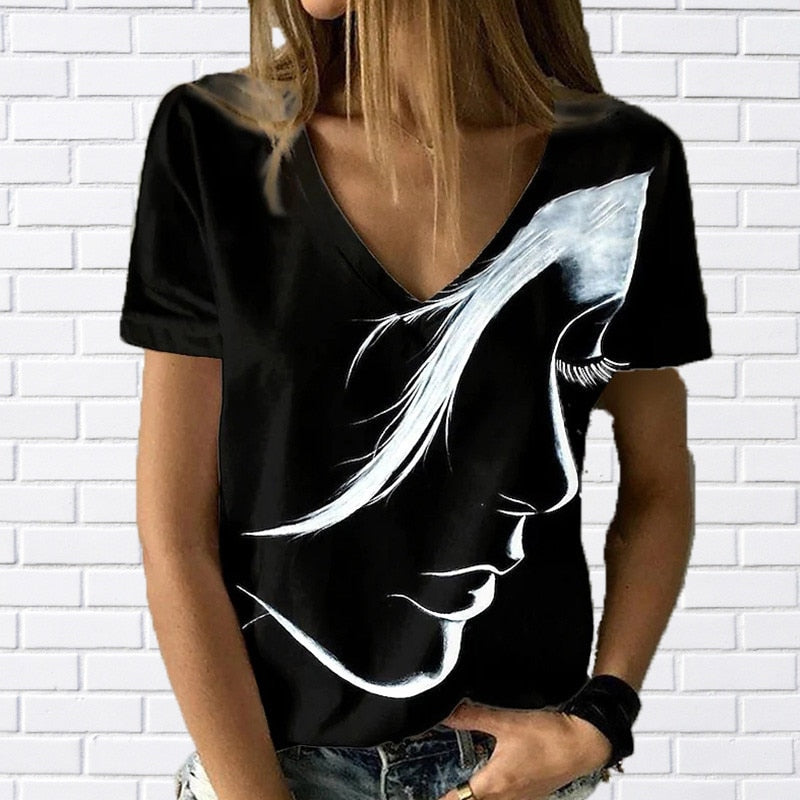  Women Fashion  Print V Neck T Shirt Female 