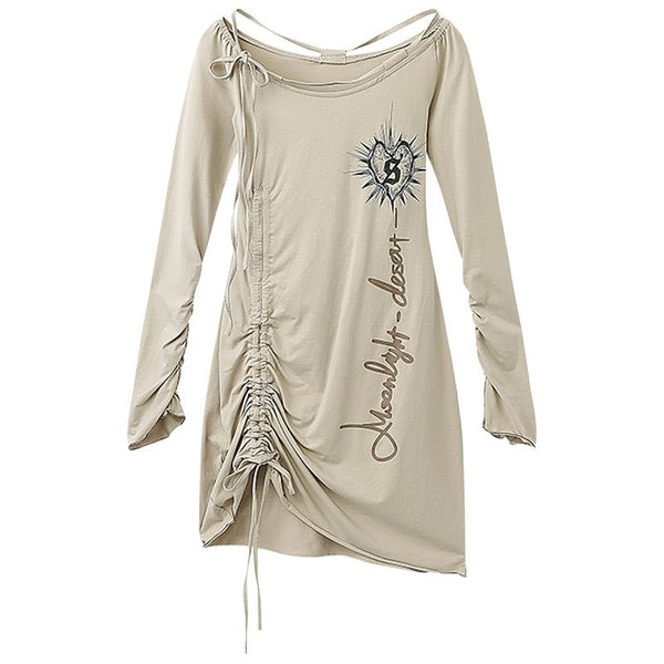 Women Straps Dress Drawstring Asymmetrical Long Sleeves 