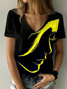  Women Fashion  Print V Neck T Shirt Female 