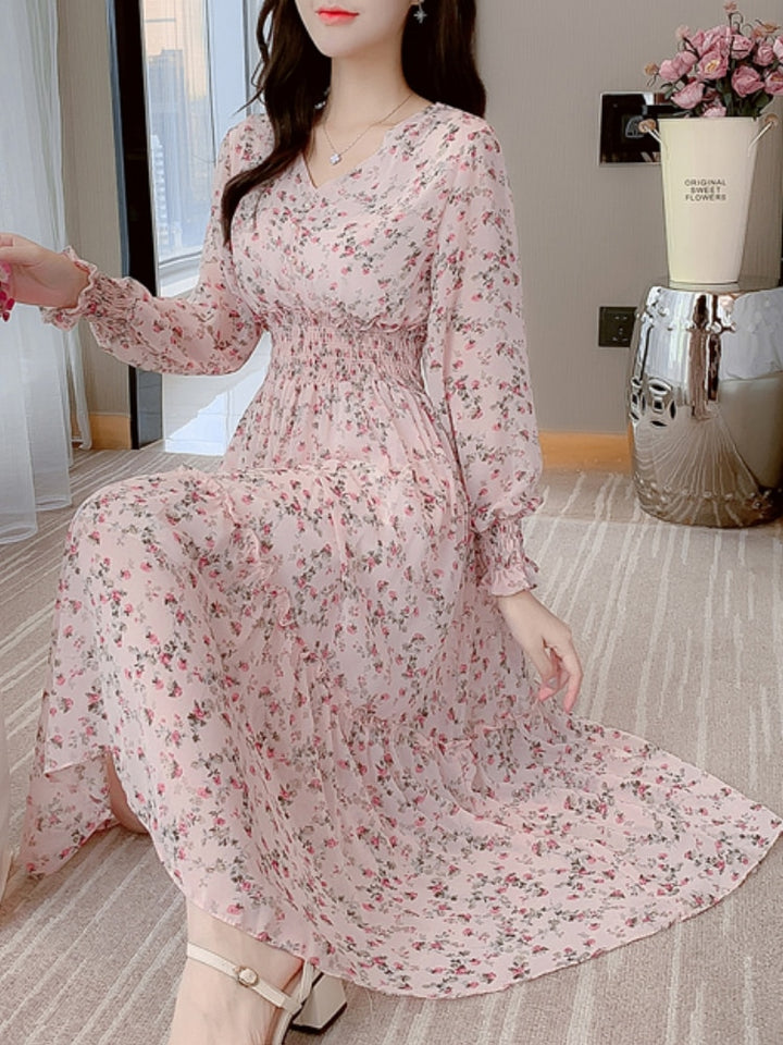  V-neck Printed Long Sleeve Loose Chiffon Dress