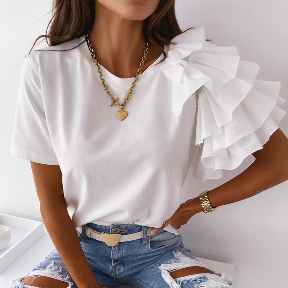 Women Summer  Solid Color Casual Loose T-shirt 