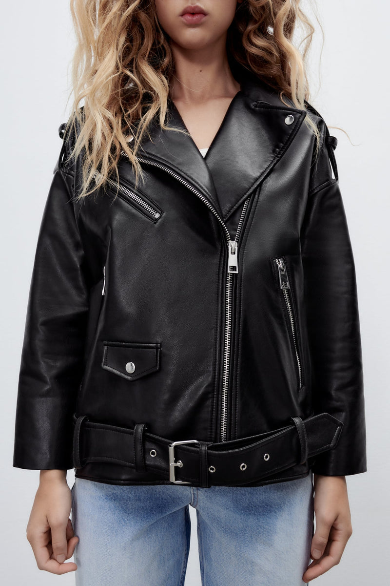 New Women motorcycle leather  loose jacket black jacket