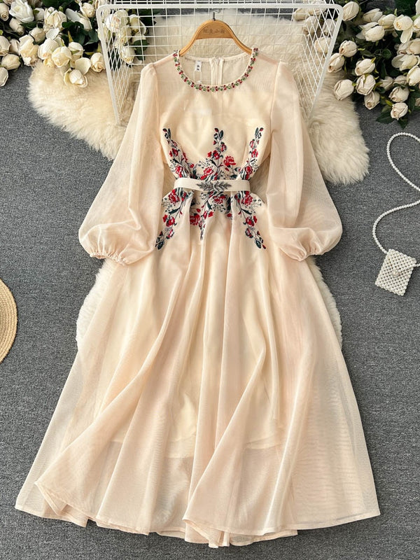 Embroidery White Dress for Women Mesh Embroidered Flares Dresses