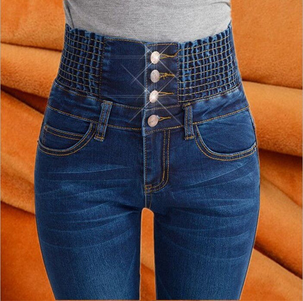 Winter warm thick fleece woman jeans with high waist jeans woman