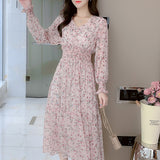  V-neck Printed Long Sleeve Loose Chiffon Dress