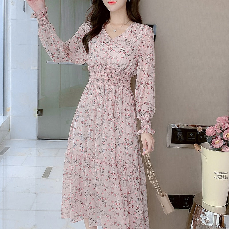  V-neck Printed Long Sleeve Loose Chiffon Dress